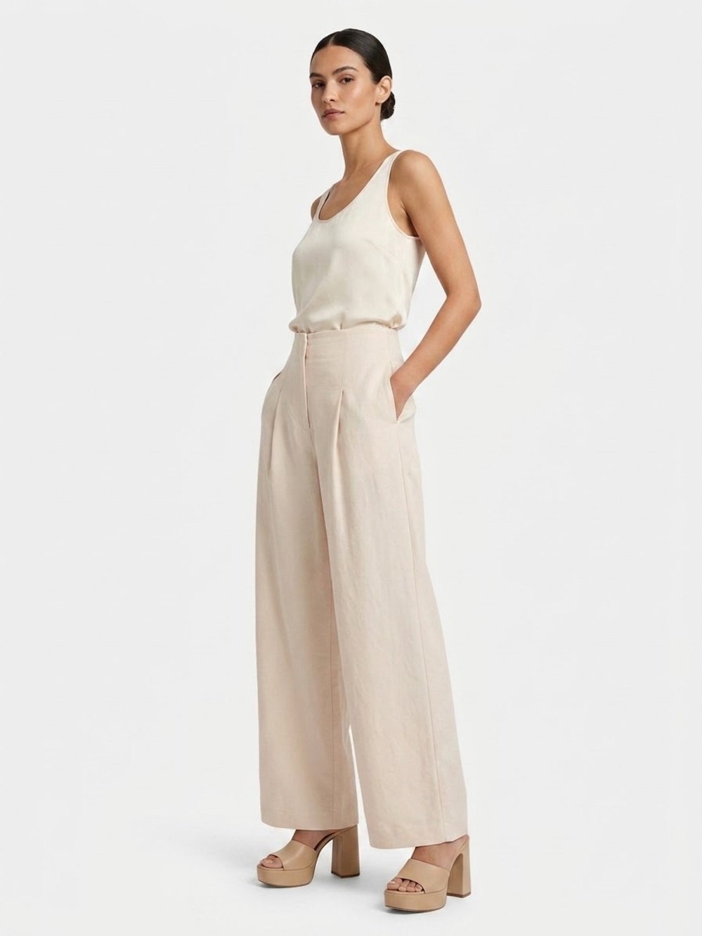 Worthington Cream Linen Blend High Waist Wide Leg Trousers Pants Size 14 (XL)